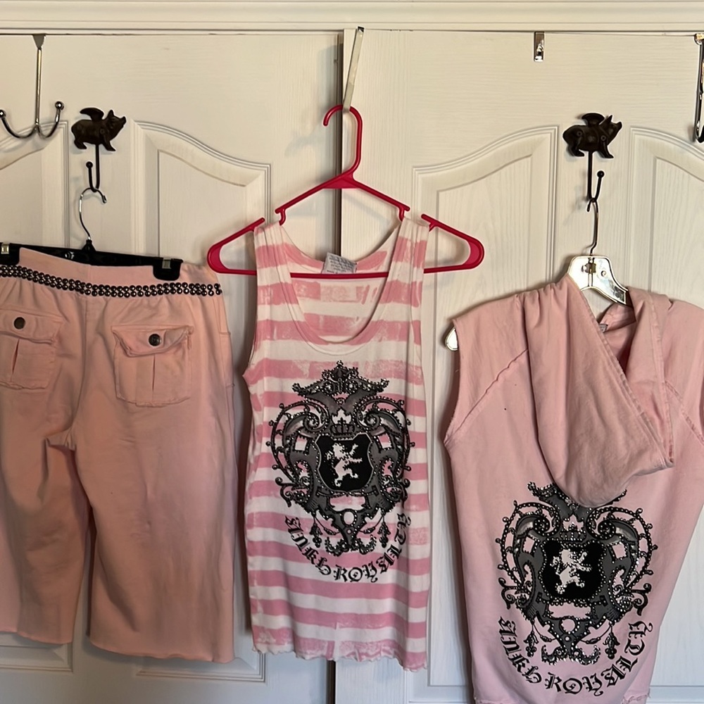 Ankh royalty . Pink sleeveless hoodie sz M . Tank topL Drawstring capri shorts L